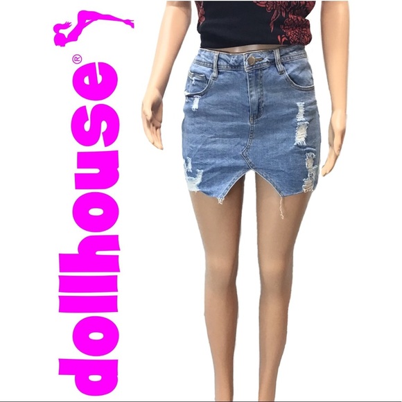 Dollhouse Asymmetrical Distressed Raw Hem Stretch Denim Mini Skirt Size 11 - Picture 1 of 8